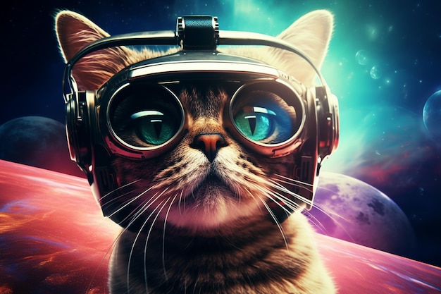 Katze mit VR-Brille im Weltraum