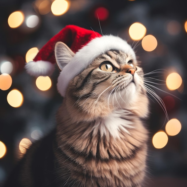 Katze mit Weihnachtsmannmütze auf Bokeh-Hintergrund