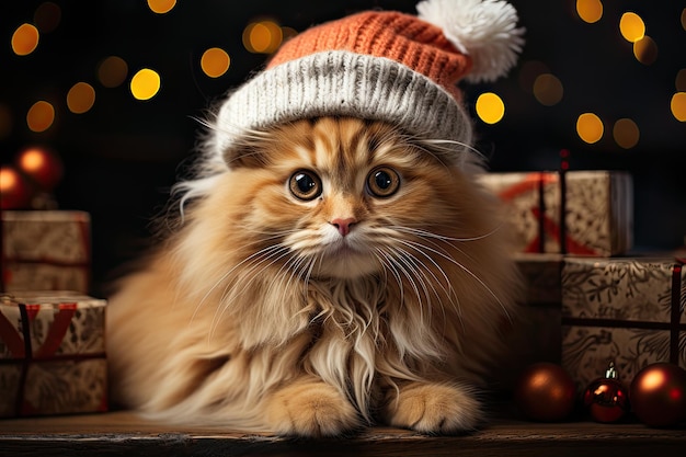 Katze mit Weihnachtsmütze und Geschenkschachteln vor Bokeh-Hintergrund. Generative KI-Inhalte