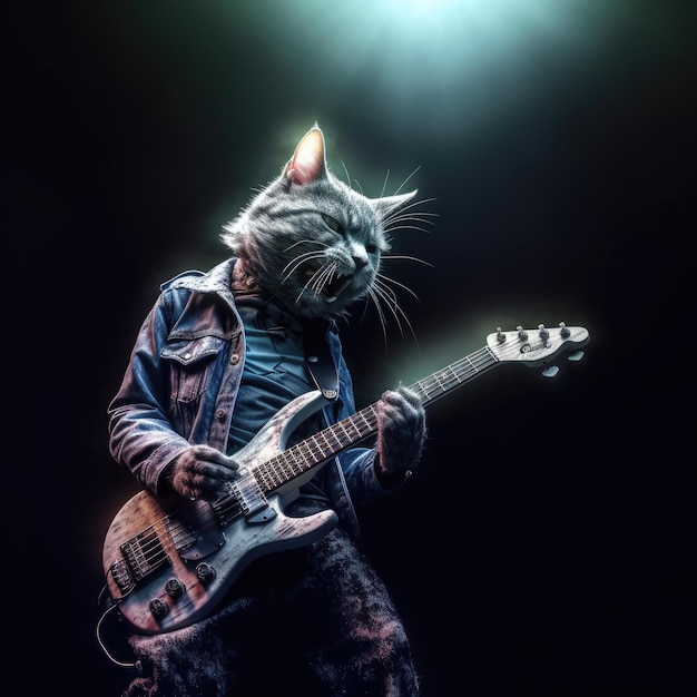 Katze, Sänger, Metal-Band, Bassgitarre, Bühne, humanisiertes Tierfoto, professionelle Ansicht, realistische Aufnahme