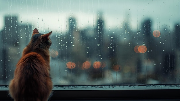 Katze schaut aus einem Fenster auf eine Stadtlandschaft im Regen