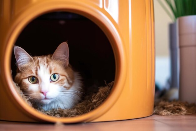 Katze schaut hinter der mit generativer KI erstellten Katzentoilette hervor