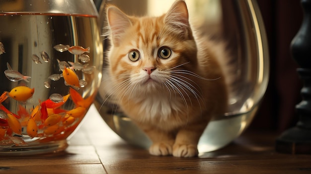 Katze schaut in ein Goldfischglas mit Goldfisch-Angelkätzchen im Goldfischglas
