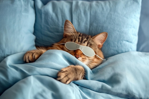 Katze schläft in der Schlafmaske, liegt im Bett, Konzept des Weltschlaftages, ruht und entspannt, träumt gesund, schläft faul, hat einen freien Tag, Konzept, schöne Katze in einer Schlafbandage, trägt eine Schlafmaske.
