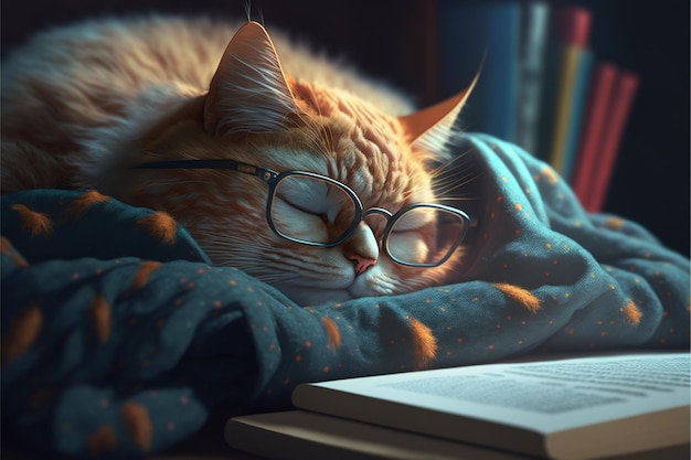 Katze schläft nach dem Studieren mit Brille Generative Ai
