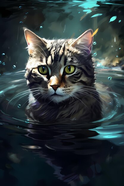 Katze schwimmt im Fluss, ihr glattes Fell glänzt im Wasser