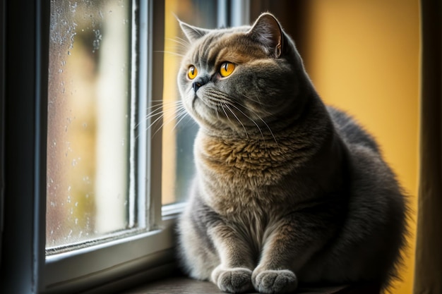 Katze sitzt auf der Fensterbank und blickt auf den Regen vor Generative AI