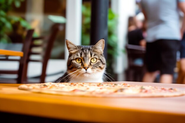 Katze sitzt auf einem Holztisch neben einem Stück Pizza. Generative KI