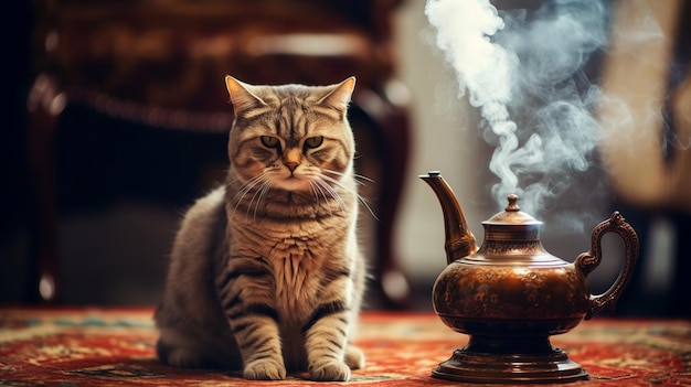 Katze sitzt auf einem Teppich neben einem dampfenden Teekessel. Generative KI