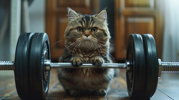 Katze sitzt auf einer Metallbarbell