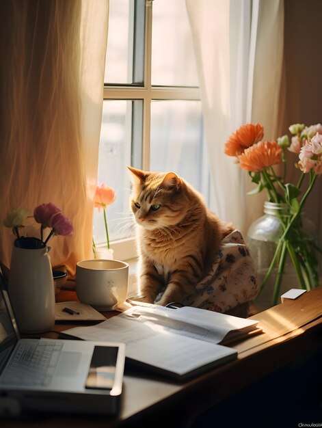 Katze sitzt gemütlich am Schreibtisch im Zimmer