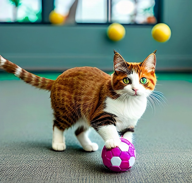 Katze spielt mit Ball Sportliche Katze