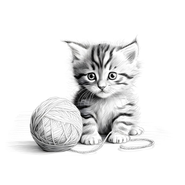 Katze spielt mit einem Fadenknäuel, Schwarz-Weiß-Illustration