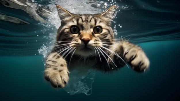 Katze springt in ein Wasser Unterwasserfotografie Tiertauchen in die Tiefen Schönheit der Natur