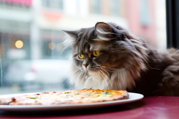 Katze starrt auf Pizza auf dem Teller auf dem Tisch vor dem Fenster. Generative KI