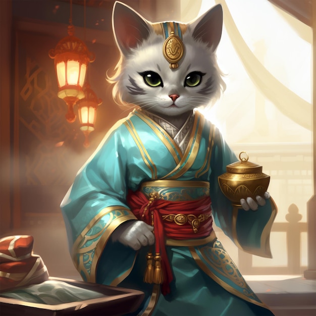 Katze trägt asiatischen Kimono, generiert von KI