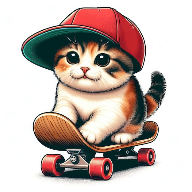 Katze trägt eine Mütze und fährt auf einem Skateboard auf einem weißen Hintergrund