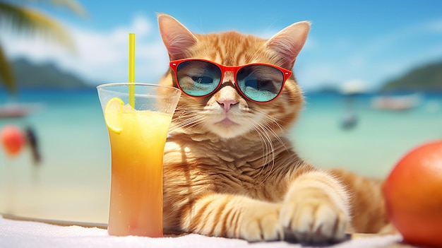 Katze trägt Sonnenbrille und trinkt Orangensaft am Strand Sommerurlaubskonzept