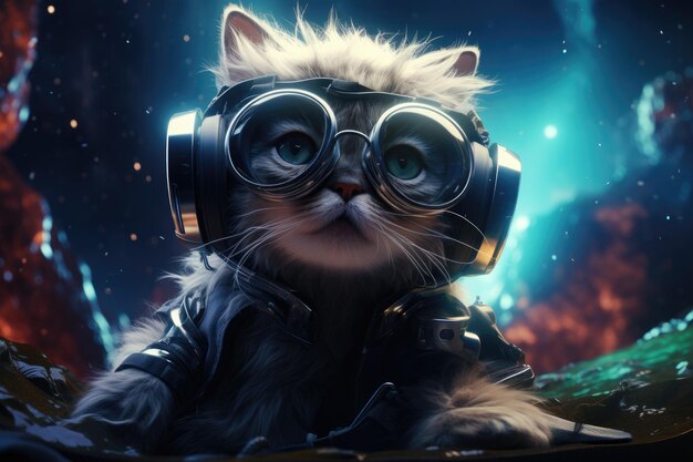 Katze trägt VR-Headset, surreale Galaxie, kosmischer und farbenfroher Hintergrund, generative KI