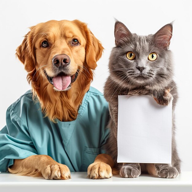 Katze und Hund auf isoliertem Hintergrund und mit weißer Tafel