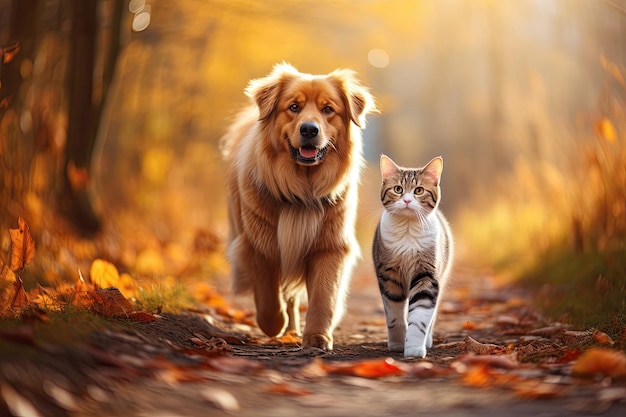 Katze und Hund gehen zusammen in einem Herbstpark