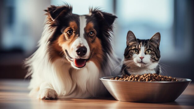 Foto katze und hund genießen eine mahlzeit aus einer gemeinsamen schüssel