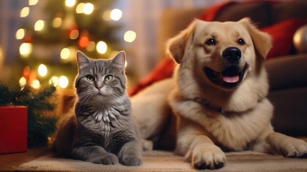 Katze und Hund genießen Weihnachtsfreude in einem gemütlichen Weihnachtenhaus