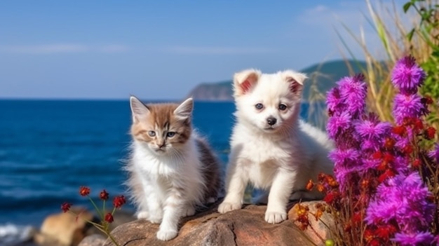 katze und hund lustiger süßer welpe und kätzchen sitzen spielen auf meerwasser meerwasserspritzer auf sonnenuntergangnatur