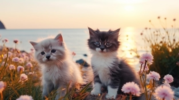 katze und hund lustiger süßer welpe und kätzchen sitzen spielen auf meerwasser meerwasserspritzer auf sonnenuntergangnatur