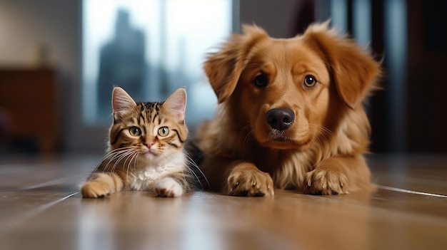 Katze und Hund zusammen auf dem Boden drinnen Flauschige Freunde