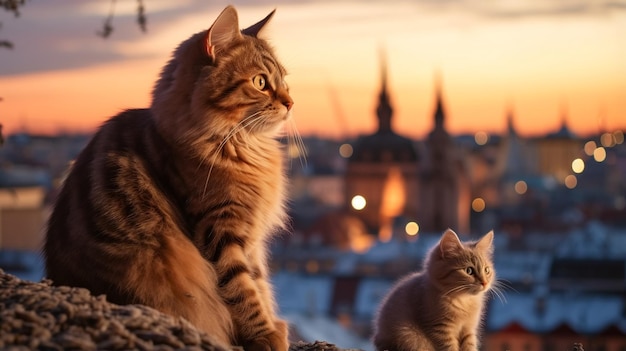 „Katze und Kätzchen sitzen abends bei Sonnenuntergang in der mittelalterlichen Stadt auf dem Hausdach.“