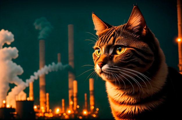 Katze vor dem Hintergrund einer umweltverschmutzenden Industrie. Armes Kätzchen geht mit vergifteter Luft spazieren. Generative KI