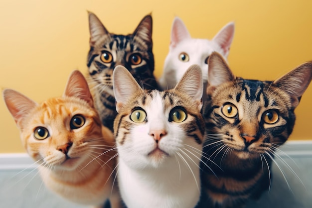 Katzen auf gelbem Hintergrund Eine Gruppe lustiger, bunter Katzen verschiedener Rassen schaut in die Kamera und wartet darauf, Katzenfutter zum Fressen zu bekommen. Lustige Haustiere, generative KI