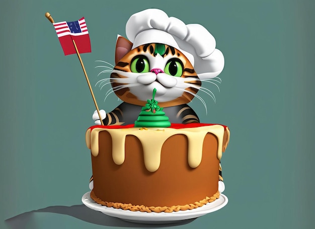 Katzen-Cartoonfigur mit Kuchen und Koch-Hut mit mexikanischer Flagge