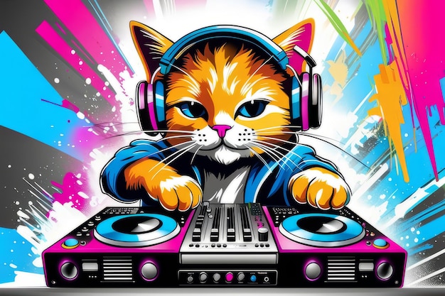 Katzen-DJ spielt auf und Synthesizer-T-Shirt-Design, leuchtende, farbenfrohe Farbillustration, erstellt mit generativen KI-Tools