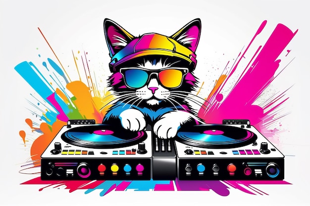 Katzen-DJ spielt auf und Synthesizer-T-Shirt-Design, leuchtende, farbenfrohe Farbillustration, erstellt mit generativen KI-Tools