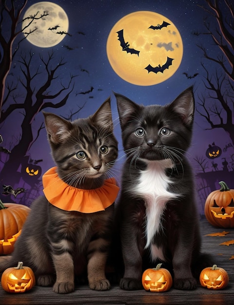 Katzen in der Halloweennacht mit geschnitzten Kürbissen