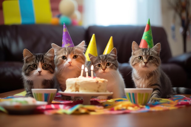 Katzen mit Partyhüten sitzen mit einem Kuchen an einem Tisch