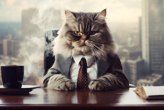 Katzen-Top-Manager in einem Anzug sitzt im großen Büro Generative ai Illustration von Büro-Tierarbeiter.