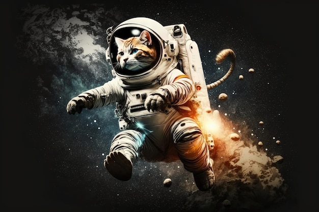 Katzenastronaut, der in einem winzigen Raumanzug im Weltraum schwebt und sich mit seinen Pfoten an einem Raketenschiff festhält, illustriert generative ai