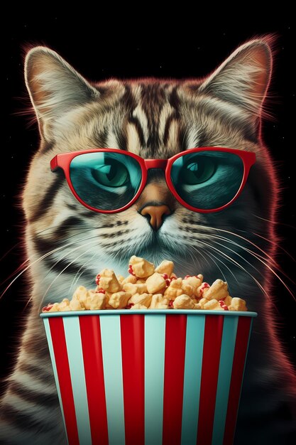 Katzencharakter mit Brille, der von der KI generiertes Popcorn isst