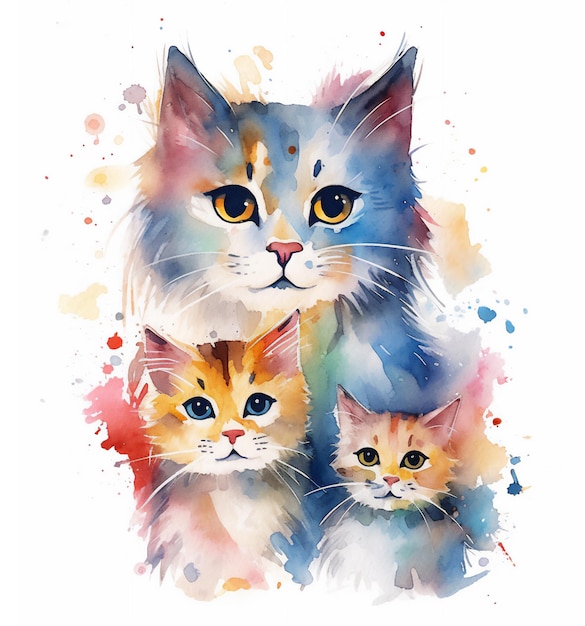 Katzenfamilienillustration mit Wassermalerei