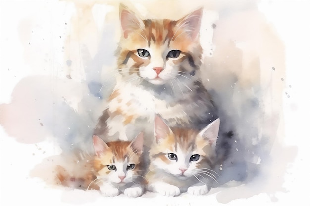 Katzenfamilienillustration mit Wassermalerei