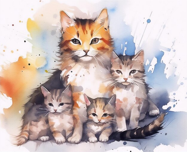 Katzenfamilienillustration mit Wassermalerei