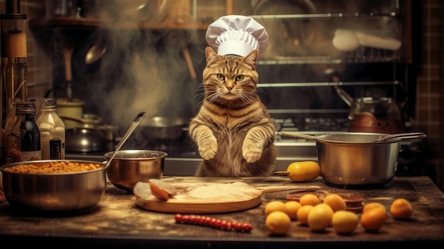 Katzenkoch in der Küche bereitet Essen zu. Lustige KI generiert