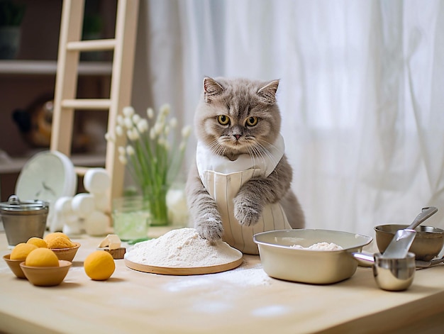 Katzenkoch in der Küche, der Pfannkuchen kocht