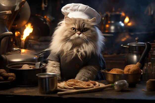 Foto katzenkoch kreiert kulinarische köstlichkeiten in einer gourmet-küchen-ki