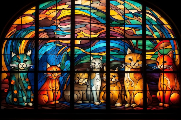 Katzenkunstwerke aus Glasmalereien mit Katzen Generative von Ai