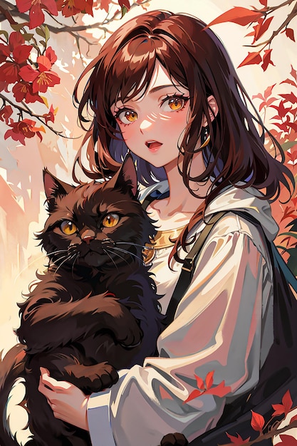 Katzenliebhaber-Mädchen-Anime-Stil-Illustration