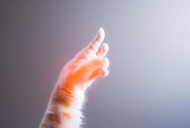 Foto katzenpfoten, die gegen einen grauen hintergrund im stil minimalistischer hintergründe stehen